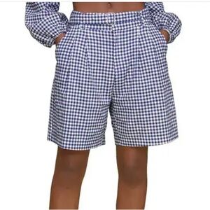 Avec Les Filles Gingham Belted Linen Blend Bermuda Shorts in navy and white. 10
